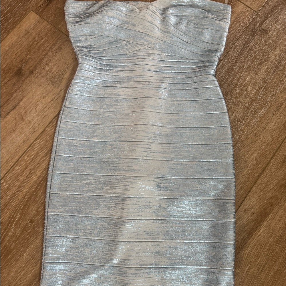 Herve Leger Silver Strapless Bodycon Dress Cocktail